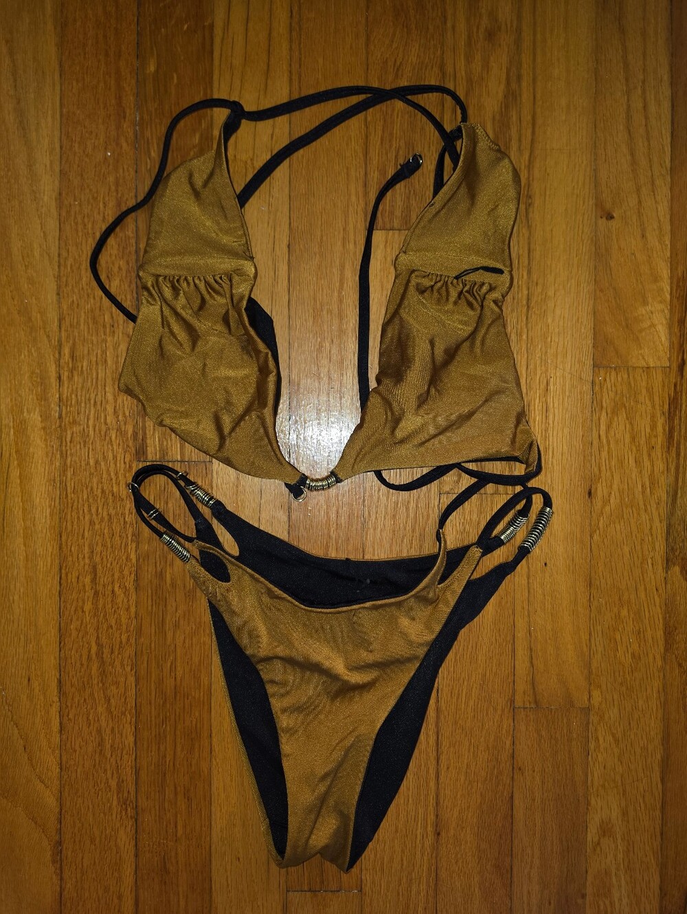 Metallic Bronze Two-Piece Triangle Bikini with Black Accents